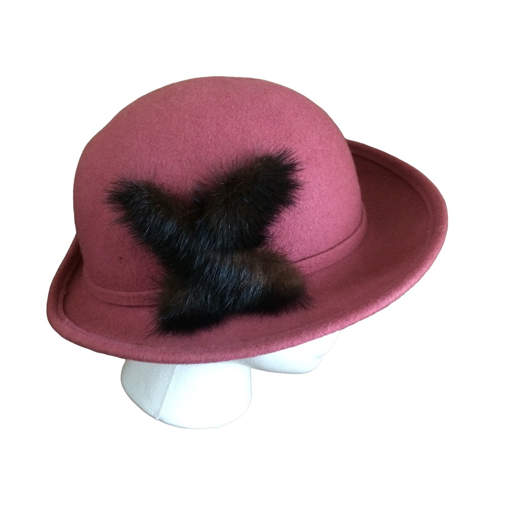 Lancaster Pink Wool Felt Hat Made in USA Faux Fur Accent Vintage Style Cloche - Picture 4 of 7